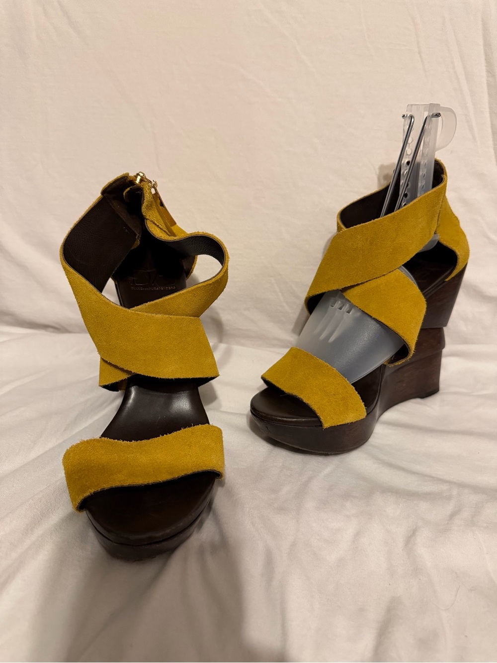 Womens Mustard Yellow Suede Crisscross Wedge Sandals